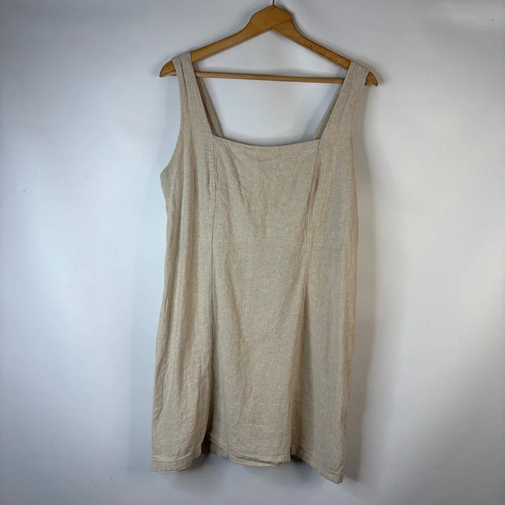 Old Navy Dress Women XL Beige Linen Blend Smocked Back Square Neck Mini
